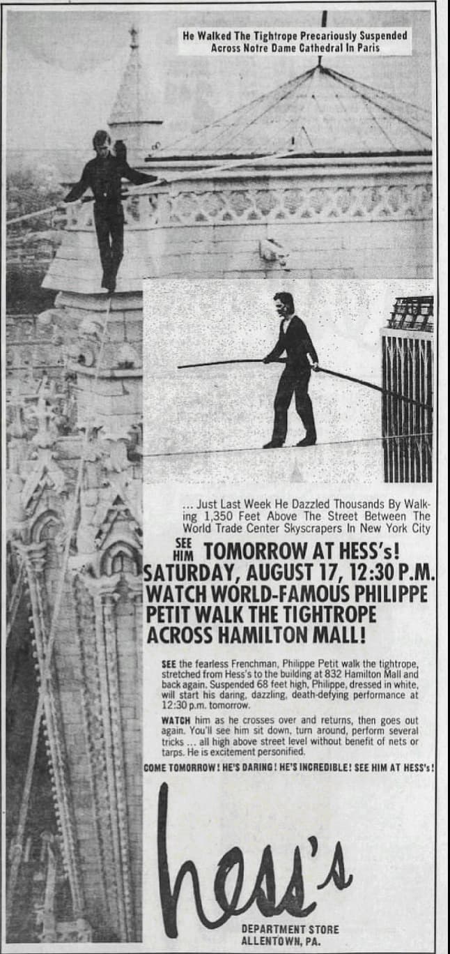 poster - He Walked The Tightrope Precariously Suspended Across Notre Dame Cathedral In Paris ... Just Last Week He Dazzled Thousands By Walk ing 1,350 Feet Above The Street Between The World Trade Center Skyscrapers In New York City. See Him Tomorrow At H